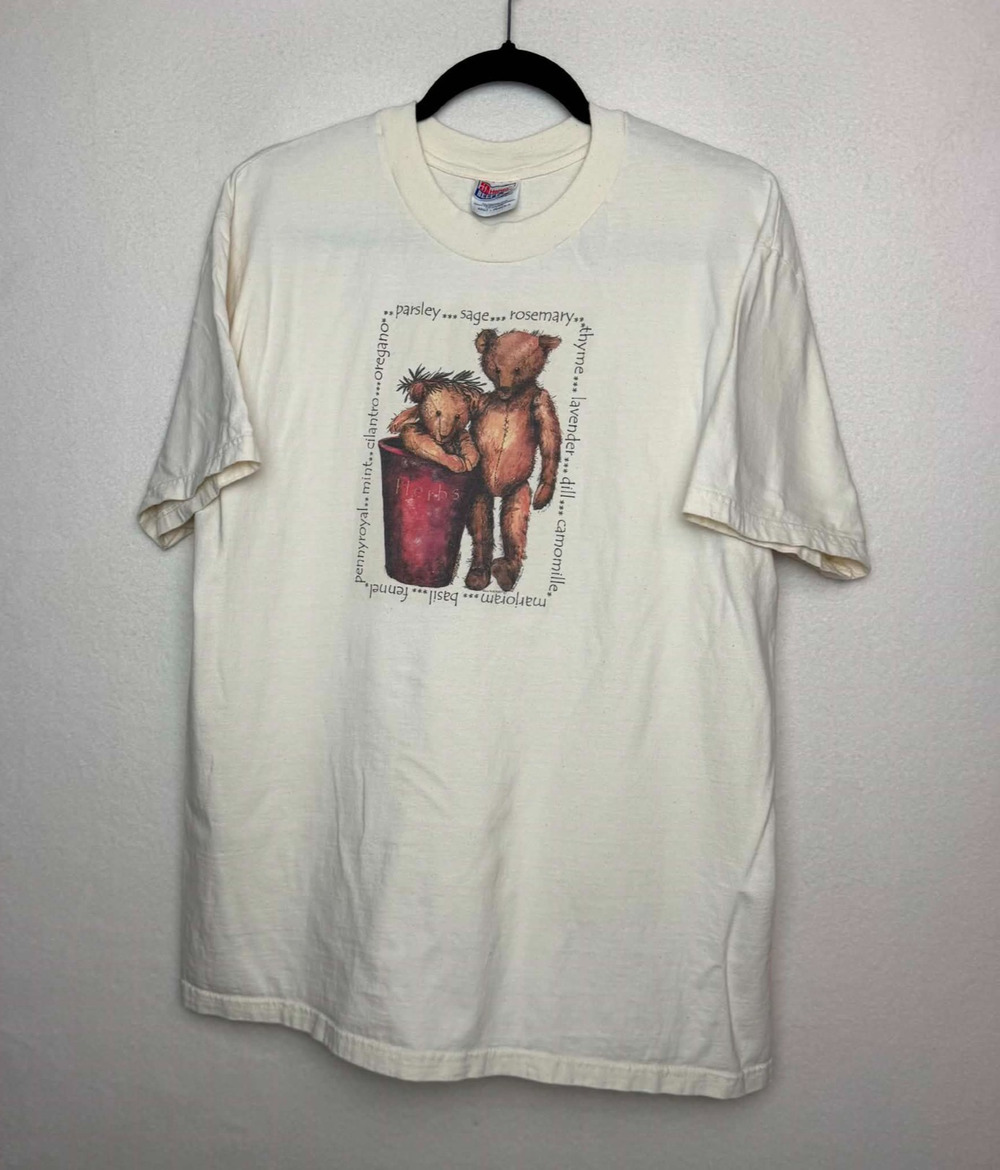 Vintage Hanes Beefy T-Shirt Size L Teddy Bear Garden Flowerpot Cottage Cream